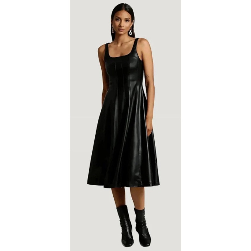NWT Avec Les Filles Black Faux Leather Midi Dress Size S A-Line Anthropologie